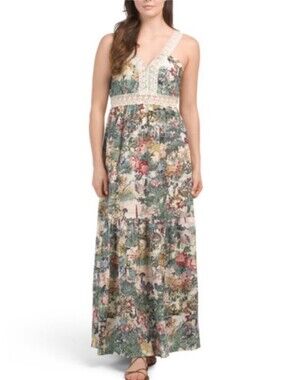 SAIPH Maxi Dress Tropical Sage Rose Cream Linen Cotton Lace Made In Italy Lrg